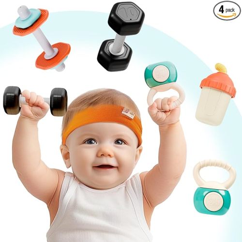 iPlay, iLearn Baby First Gym Rattle Set, Infant Dumbbell Weights Teething Rattles 3-6-12 Month, Newborn Workout Sensory Stroller Toy, Babies Birthday Shower Gift 5 7 8 9 10 Month Toddler Boy Girl-4PCS