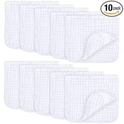 Comfy Cubs Muslin Burp Cloths 20" x 10", Pack of 10 - Large, 6-Layer, Ultra Absorbent 100% Cotton for Baby Drool and Messes - Soft, Safe & Gentle Baby Burp Cloths for Boys & Girls - White