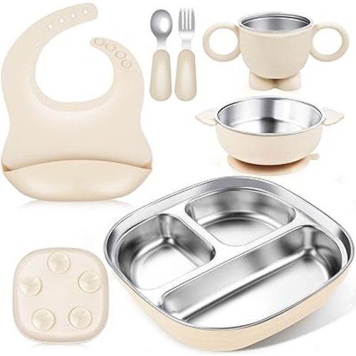 Baby Toddler Tableware Set, 6 PCS Stainless Steel Silicone Utensils, Durable & Spill-Proof, Baby Feeding Set Plates & Bowls, Cup, Forks Spoons & Silicone Bib, BPA-Free, Dishwasher Safe