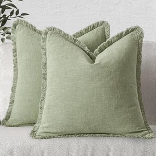 MIULEE Boho Linen Fringe Decorative Throw Pillow Covers Sage Green 18x18