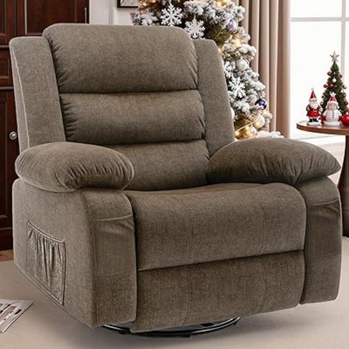 Korser Recliner Chair, Wide Rocker Chair, Rocking Chair with Massage and Heat,360°Swivel Nursery Rocking Chairs, Oversized Recliner for Adults, Cashmere Reclining Sofa for Living Room, Brown