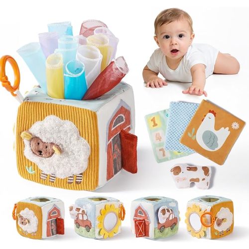 let's make Baby Tissue Box Toy, Farm Montessori Sensory Toys 6-12 Months, Play Silks & Crinkle Tissues with 3D Corduroy, Mirror, Squeaky Cow & Travel Clip - Fine Motor Skills Baby Girl Boy Gifts