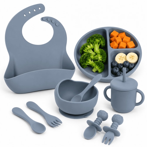 Silicone Baby Feeding Set,Baby Spoons and Forks,Sippy Cup,Toddler Plates and Bowls Set,Silicone Bibs,Baby Feeding Essentials