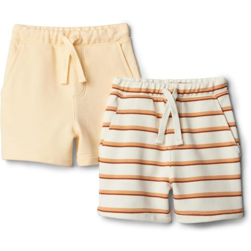 Amazon Essentials Baby Boys' Baby Boys' and Toddlers 2-Pack Pull On Knit Shorts, Pale Yellow/Stripe, 2T