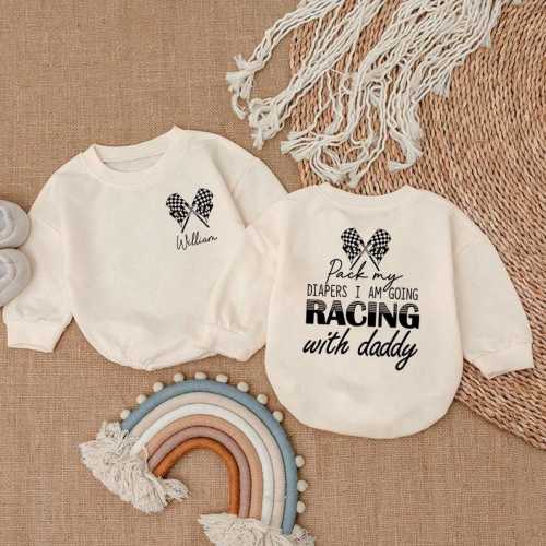 Personalized Racing Romper Sweatshirt, Custom Baby Race Car Newborn Outfit, Daddy and Me Clothes, Funny Baby Bodysuit, Toddler Race Gift