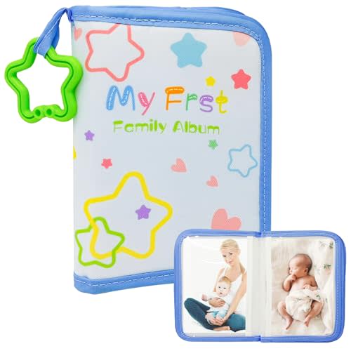 Baby Photo Album Soft Cloth Book - My First Photo Album for Baby with Safe Mirror, Star Themed Photo Album, Holds 17 4x6 Photos, Sensory Baby Memory Book
