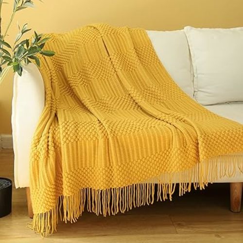 Blagic Knitted Throw Blanket for Couch, Bed and Sofa. Super Soft Blanket with Tassels, Yellow Throw Blanket, 50 x 60 Inches Lightweight & Cosy Home Decor