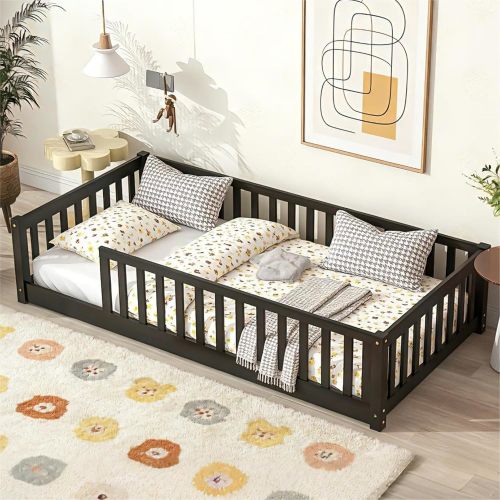 Bellemave Twin Floor Bed with Fence for Kids, Wooden Montessori Floor Bed Frame with Slats & Safety Guardrails, Low Twin Size Floor Beds for Girls Boys, No Box Spring Needed, Espresso