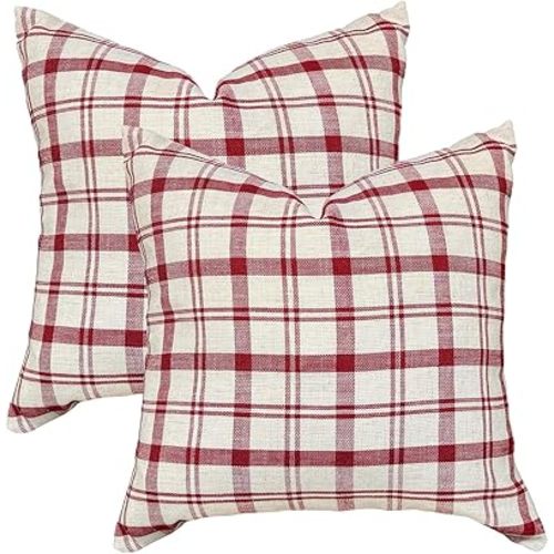 IKATYARN Farmhouse Linen Throw Pillow Cover, Red Plaid Decorative Retro Pillowcase for Sofa Bedroom Pack of 2, 18x18 Inches
