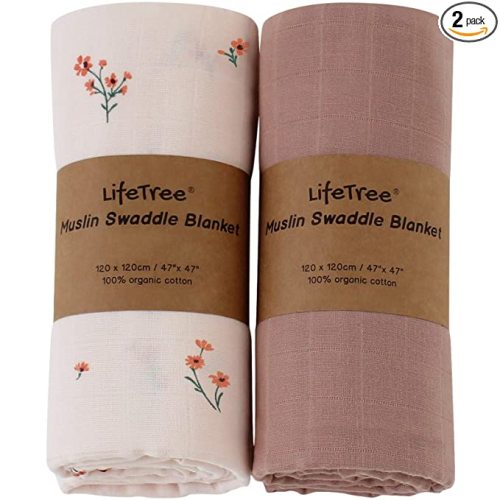 LifeTree Baby Girl Swaddle Blankets, Muslin Swaddling Wrap Receiving Blanket for Newborn, Organic Cotton, Large 47 x 47 inches, Solid Color/Flower Print