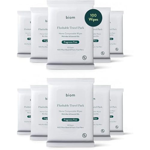 Biom Flushable Wipes -Travel Size 10 pack(100 Wipes) -Plastic-Free Plant Fiber, Fragrance-Free and Gentle for Sensitive Skin, Aloe Infused - Hypoallergenic, Unscented