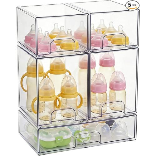 Baby Bottle Organizer,Stackable Storage Drawers 5 packs,Clear Acrylic Organizer Bins with Non-Slip Pads,Pull-Out Drawers for Makeup,Kitchen Countertop,Bathroom,Vanity,Cabinet,Pantry Organization