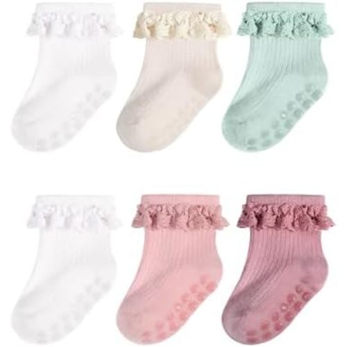 Baby Girl Ruffle Socks Toddler Non Slip Soft Socks with Grip for Girls Infant 6 Pairs, 0-4T