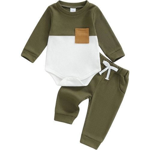 allshope Newborn Baby Boy Fall Outfit Romper Long Sleeve Solid Jumpsuit Bodysuit Elastic Waist Pants Infant Waffle Clothes