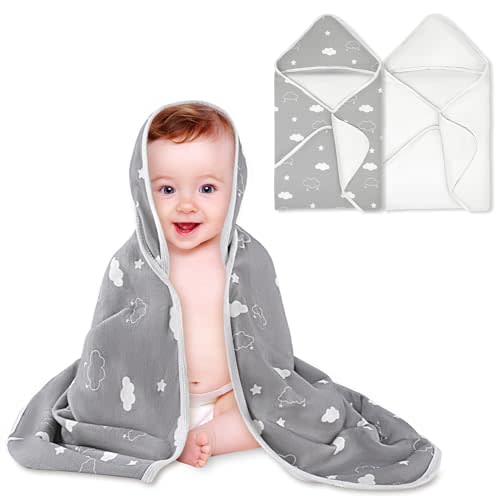 BabyAlly Baby Towels 2 Pack,Hooded Baby Towels Set,Baby Infant Bath Towels with Hood,Soft and Absorbent Nursery Towel,Bath Essentials (Gray Clouds + Stripes)