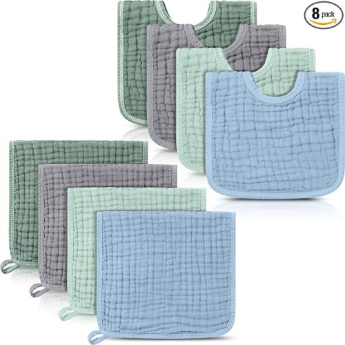 Tallew 8 Pack Muslin Burp Cloths and Baby Bibs for Boy Girl 20" x 10" Cotton Baby Bandana Drool Bibs Muslin Burp Cloths Absorbent Rag for Newborn Toddler Infant Gifts(Blue Series)