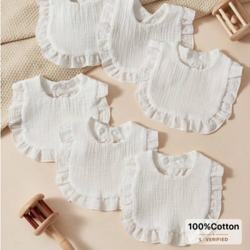 Cozy Pixies 6pcs/Pack White Basic Baby Bibs, Super Soft Absorbent Feeding Bibs With Drool Catcher, Muslim Fabric, Floral Lace Edge, Adjustable Size