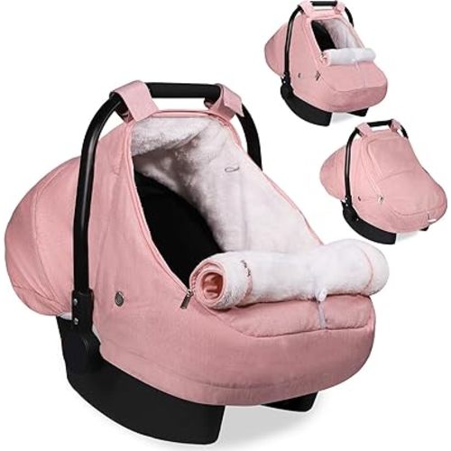 Winter Car Seat Cover for Baby Girl, Waterproof Infant Carseat Cover with Warm Plush Lining & Dual Zippers, Universal Carseat Cover Baby Winter Protector with Ventilation and Windproof Design (Pink)