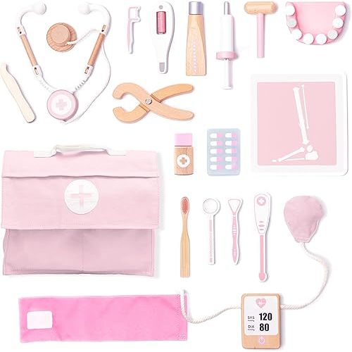 UMU® Wooden Doctor Kit for Kids – 18 pcs Doctor and Dentist Play Set for Toddlers with Stethoscope, Syringe, Tooth Model & More – Medical Pretend Play Toy for Girls Ages 3 4 5 6
