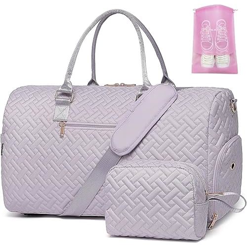 Duffle Bag for Travel, Weekender Bag with Shoe Compartment, Carry On Overnight Bag for Women with Toiletry Bag, Gym Bag with Wet Pocket, Hospital Bags for Labor and Delivery - Light Purple