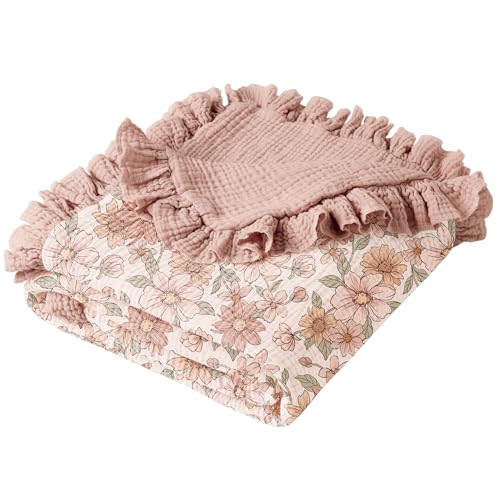 Konssy Flounce Muslin Baby Blanket for Girls Boys, 100% Cotton Soft Crib Swaddle Blankets, Reversible & Breathable Nursery Bedding for Newborns Toddlers, 40 x 36 Inches (Vintage Petals)