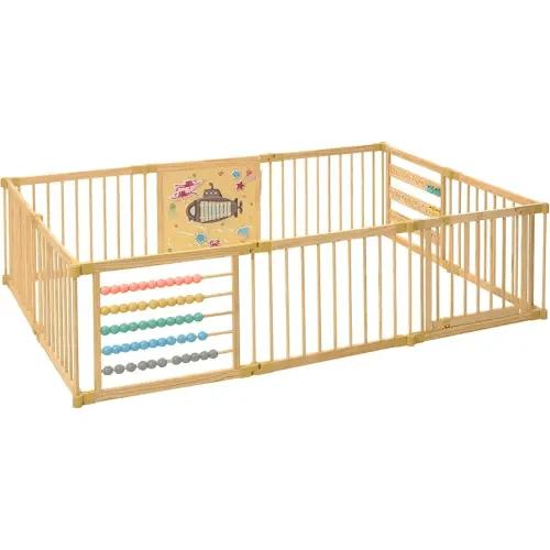 Wooden Playpen Extra Large for Toddlers and Babies - Under The Sea Theme Toy Design - (8/10) Wood Panels - Foldable and Adjustable Baby Play Yard- Extra Large Baby Playpen (10-Panels)