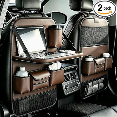 2 Pack Leather Car Backseat Organizer with Foldable Table Tray, Brown