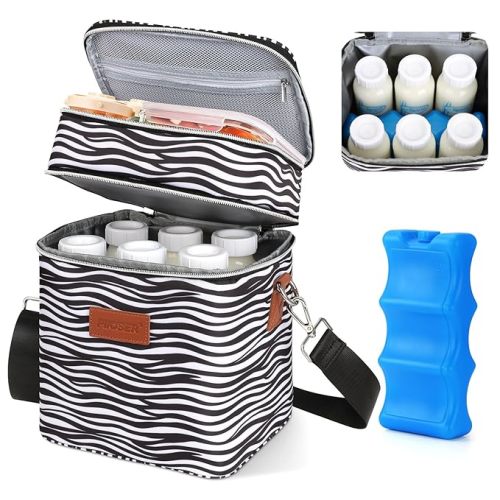 PIIOSER Breastmilk Cooler Bag with Ice Pack Fits 6 Baby Bottles Up to 9 Ounce, Insulated Baby Bottle Tote Bags, Double Layer Waterproof Leak-Proof with Shoulder Strap for Nursing & Working Mom (Pink)