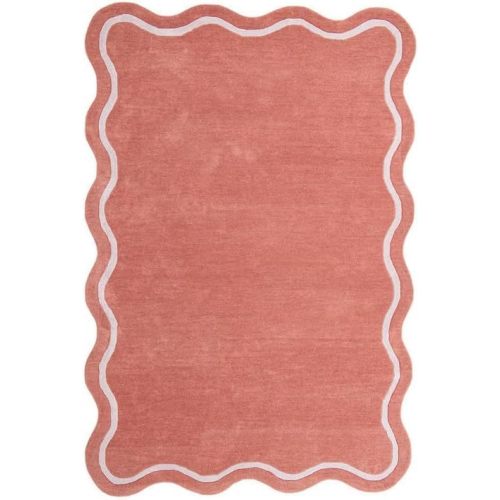 Handmade Scalloped Edge Area Rug, 100% Wool Solid Plain Modern Rug with Wavy Border, Soft Plush Floor Carpet for Living Room Bedroom Dining Room Nursery (Coral Pink, 5' x 8')