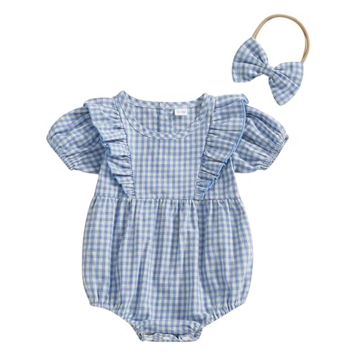 Douhoow Baby Girl Plaid Romper Flying Sleeve Baby Bubble Romper Ruffle Baby Bodysuit Spring Summer Clothes with Headband