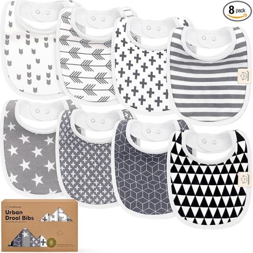8-Pack Organic Baby Bibs for Boys, Girls - Soft Cotton Drooling and Teething Bibs for Baby Girl & Boy, Extra Absorbent, Easy To Clean & Put On for Toddler, Newborn, Infant 0-24 Months(Grayscale)