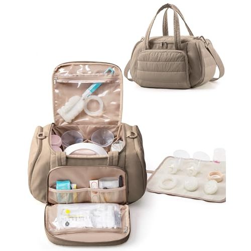 Marscamd Quilted Breast Pump Bag Compatible with Spectra S1 and S2 | Pumping Bag with Cooler Compartment and a Drying Mat, Camel