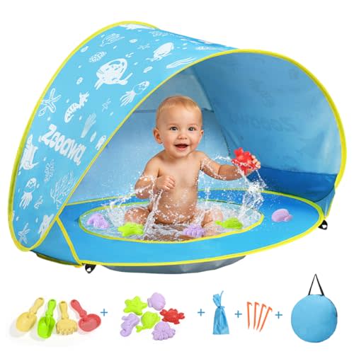 Zooawa Baby Beach Tent, Pop Up Beach Tent Sun Shade for Beach, Portable Shade Pool UV Protection Sun Shelter for Infant with Beach Sand Toys Set