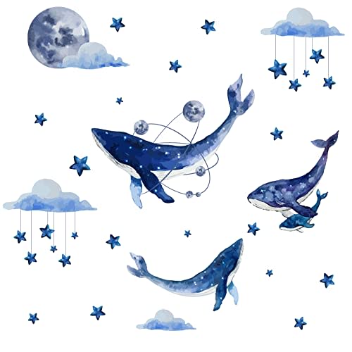 SUPERDANT Blue Whale Wall Sticker Night Sky Wall Decals Stars Moon Clouds Peel and Stick Large Vinyl Art Decor for Home Baby Nursery Children Living Room Bedroom Boy's Room Decoration