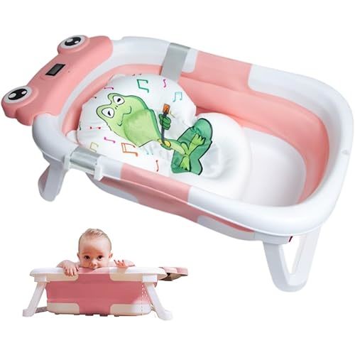 Rylor Baby Bathtub for Newborns & Infants 0-12 Months - Foldable, Compact, Non-Slip Bath Tub with Adjustable Cushion - Safe & Comfortable Bath Seat - Perfect for Home & Travel (Pink)