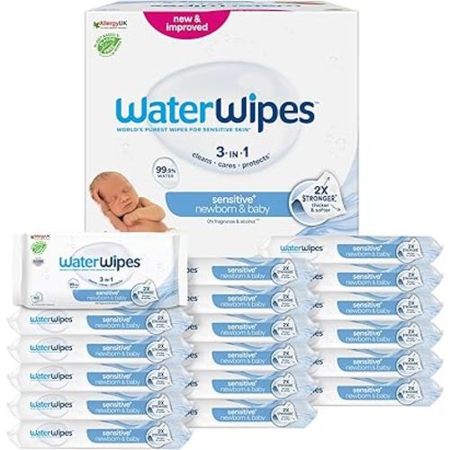 WaterWipes Sensitive+ Newborn & Baby Wipes, 1080 Count (18 Packs), 3-In-1 Cleans, Cares, Protects, 99.9% Water, Unscented