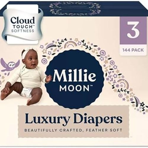 Millie Moon Luxury Diapers – Ultra Soft Cloud Touch Disposable Diapers with 12 Hour Absorbency & Wetness Indicator (3-144ct)