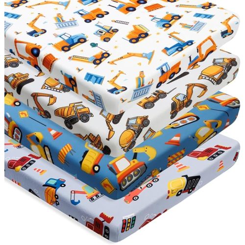 4 Pack Baby Boy Crib Sheets Set Soft Fitted Baby Boy Mattress Covers Construction Truck or Dinosaur Theme Breathable Toddler Sheets for Infant Boys (Construction Truck, Crib Sheets)