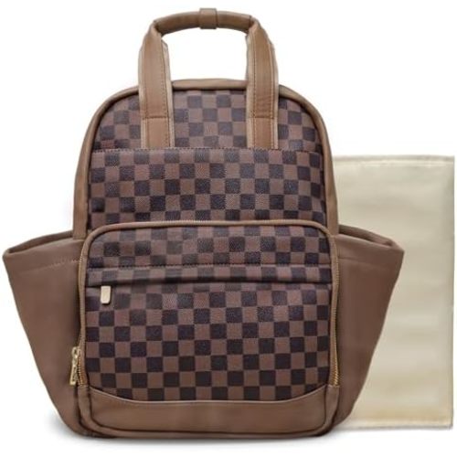 miss fong Small Diaper Bag - Baby Diaper Bag Backpack Checkered Diaper Bag with Changing Pad for Travel Daycare Mommy Diaper Backpack for Mom & Dad -Coffee