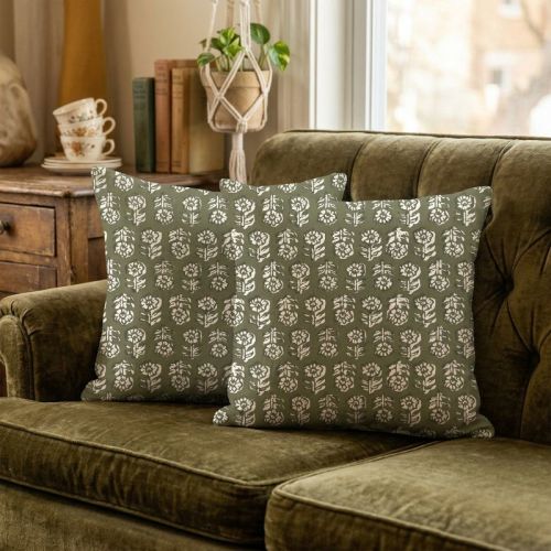 Lomsoe Set of 2 Decorative Vintage Floral Print Throw Pillow Covers Green Neutral Modern Farmhouse Decor Velvet 20"