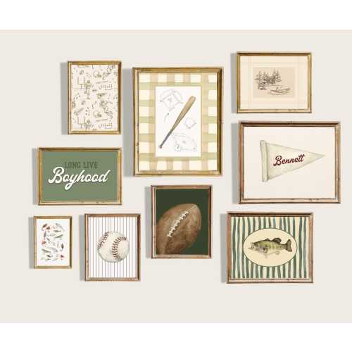 Boy Room Wall Art Prints Set of 9 Digital Sport Bedroom Decor Green Boy Bedroom Art Fishing Nursery Toddler Boy Room Decor Baseball Football