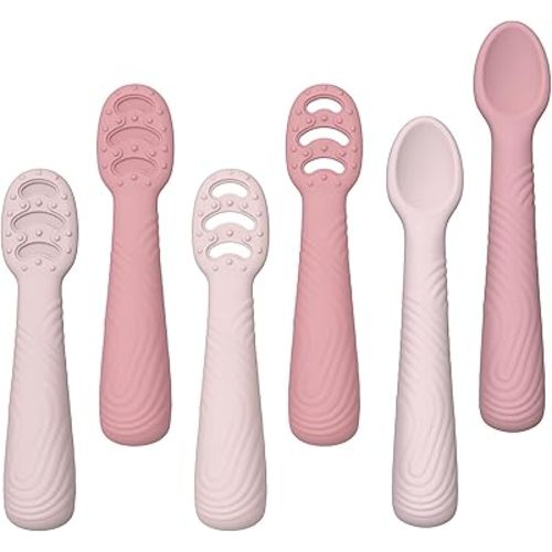 Baby Spoons Self-Feeding 6+ Months, 6 Pack Silicone Training Spoon Set for Baby Led Weaning, 3-Stage & Easy Grip First Utensils for Toddlers Learning Eating Essentials, Dishwasher Safe (Pink Rose)