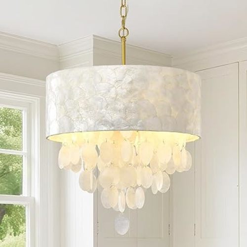 Capiz Shell Chandelier, 18in White Coastal Pendant Ceiling Light Fixture Drum Chandeliers for Dining Room, Living Room, Bedroom, Staircase, Foyer