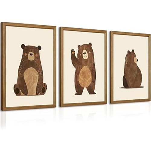 Nursery Wall Art Baby Canvas Pictures Bear Wall Decor Boys Room Prints Kids Poster Cute Animal Theme Pictures Woodland Bear Painting Neutral Children Artwork for Bedroom 16x24 Inch Framed Set of 3