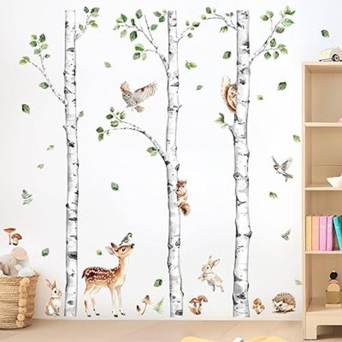 Large Birch Tree Wall Decals, Forest Animal Wall Stickers Deer Rabbit Squirrel Owl Peel and Stick Wall Decal Waterproof Wall Art Sticker for Baby Nursery Kids Room Home Decor (H: 60.2 in)