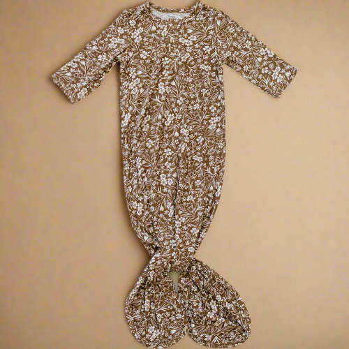 Brown Floral Ribbed Bamboo Knot Gown