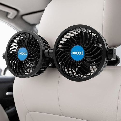 XOOL USB Dual Head Backseat Car Fan – 360° Rotatable Rear Seat Air Circulator with Stepless Speed & Adjustable Clip for Kids in SUV, Truck, RV