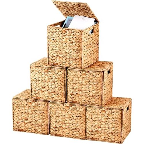 Jinei 6 Pcs Wicker Storage Basket with Lid Bulk 12 x 12 x 12 Inch Handwoven Water Hyacinth Cube Bin with Handles Woven Laundry for Organizer Shelves Wood Color
