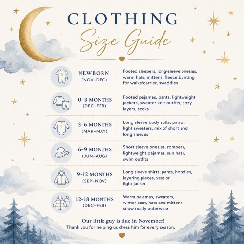 Clothing Size Guide: Our little guy is due in November, so if you'd like to purchase clothing, these sizes will be especially helpful: