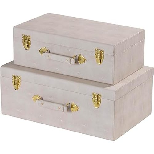 Sagala Set of 2 Large Decorative Storage Trunks, Beige Shagreen StorageTrunks And Chests with Handle, Faux Leather Large Storage Boxes for Home Organization Decor (Beige)